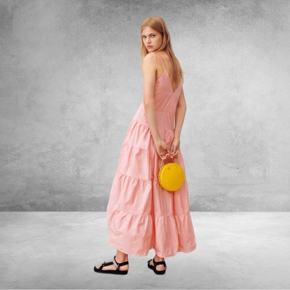 Maje Romeo TrapezeTiered Taffeta Sleeveless Midi Dress In Rose Pale Size EU 38/M - Picture 3 of 15